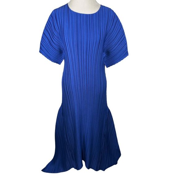 Lafayette 148 Braxton Plisse Dress Blue Accordion Pleat Cocktail Party Size L - Picture 1 of 11